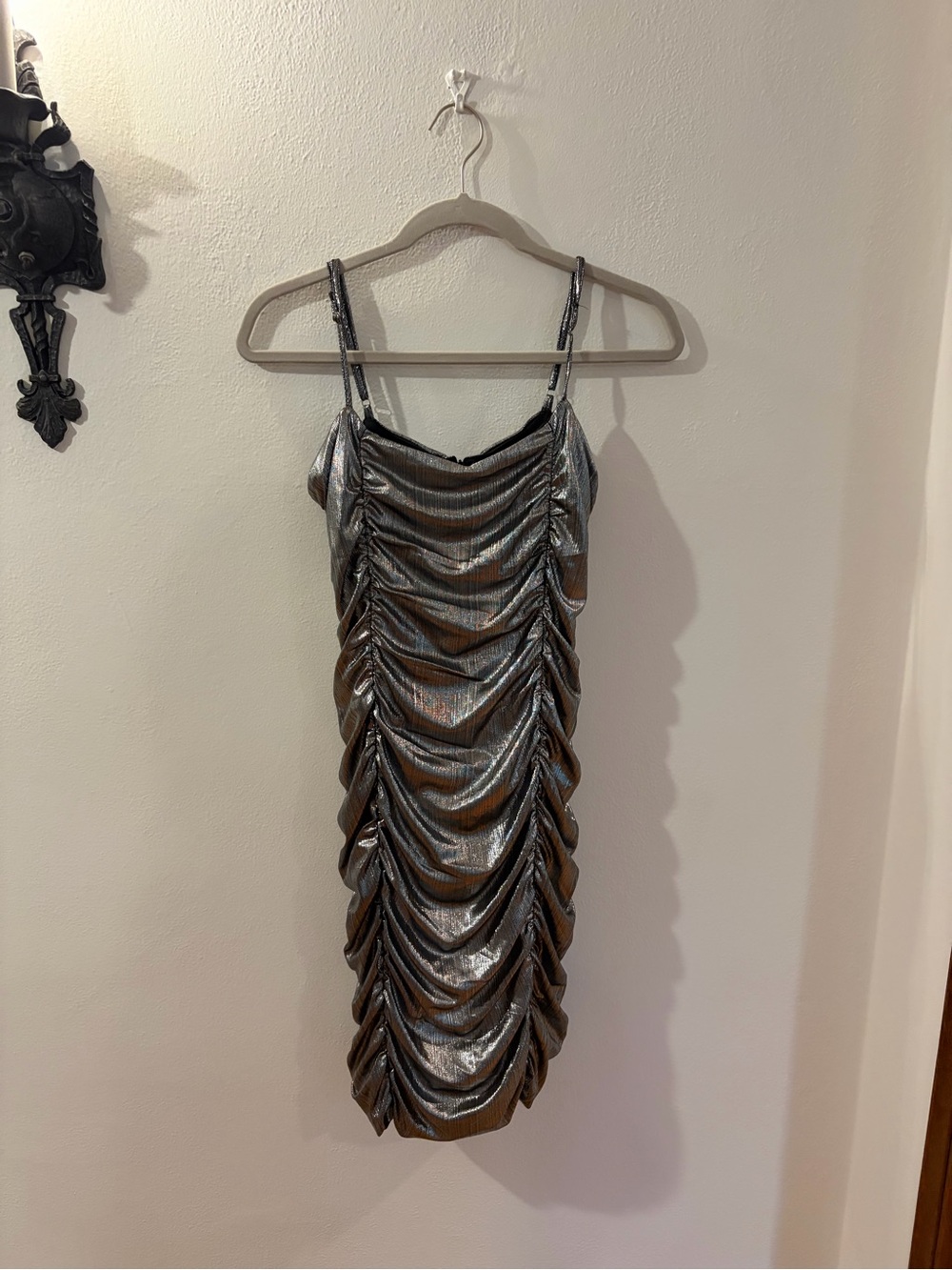 Katie J NYC Metallic Silver Ruched Mini Dress